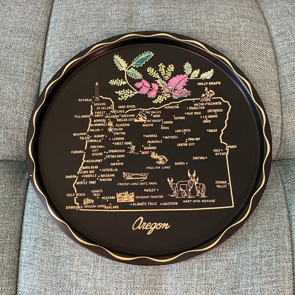 Oregon State Map Vintage Metal Serving Trays | Black and Gold w/ Rhododendron - Picture 2 of 9